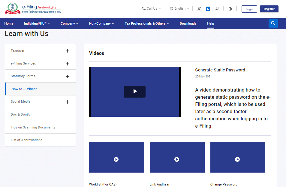 Videos page on the new ITR portal