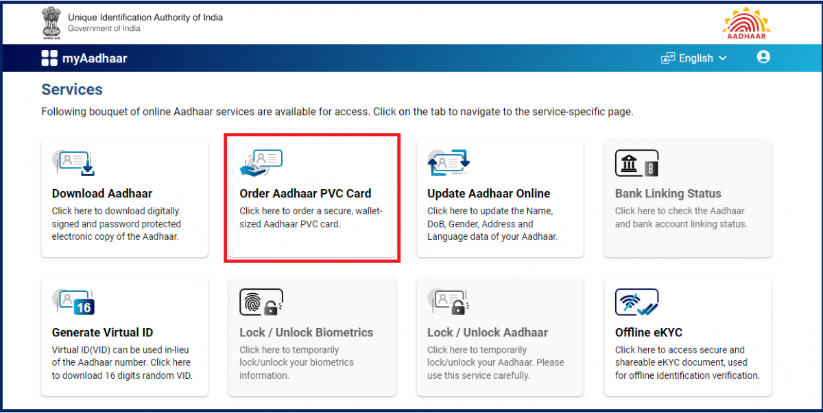 myAadhaar services dashboard